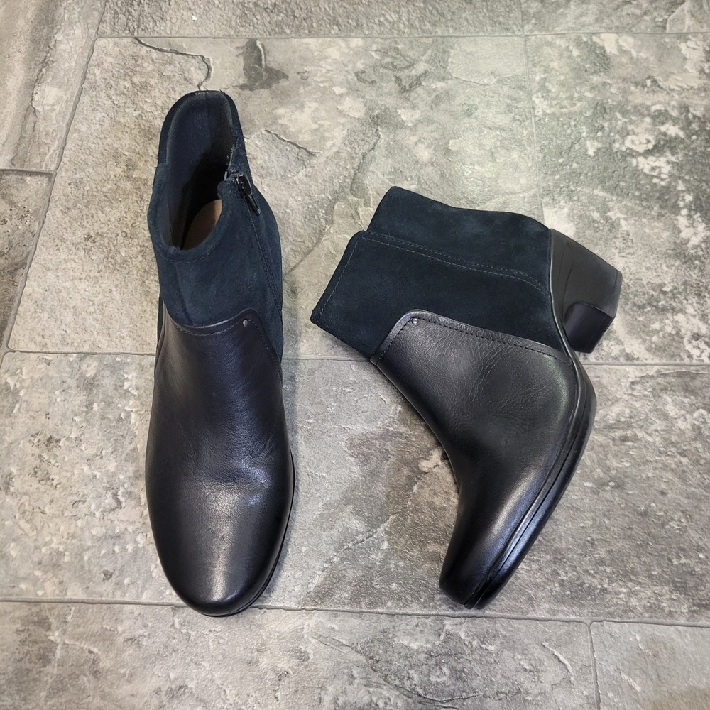 Clarks Collection Ankle Boots Black Leather‎ Suede Block Heel Size 10
